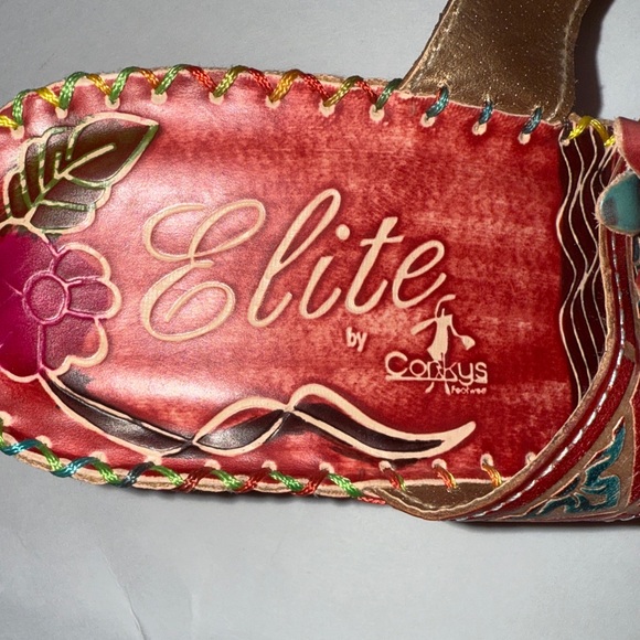 Corky's Elite leather Hand painted Sandal Navajo Size 8 Red Bohemian - Picture 4 of 16